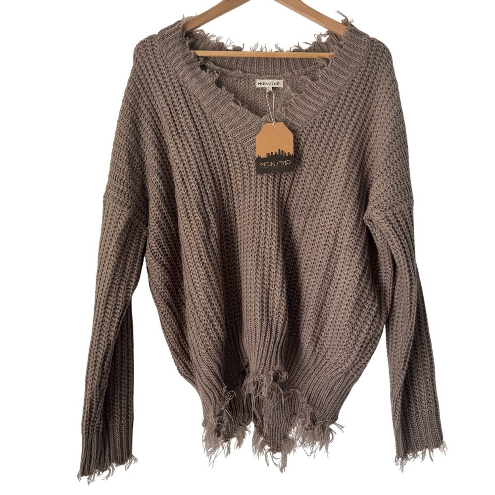 Main Strip Women's Distressed V Neck Knit Sweater, Size M NWT